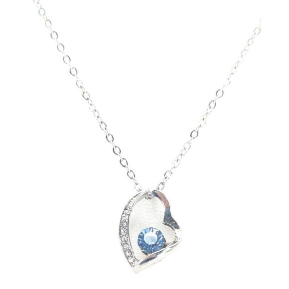 Blue Topaz Rhinestone Silver Tone Gemstone Floating Heart Pendant Necklace - Picture 1 of 5